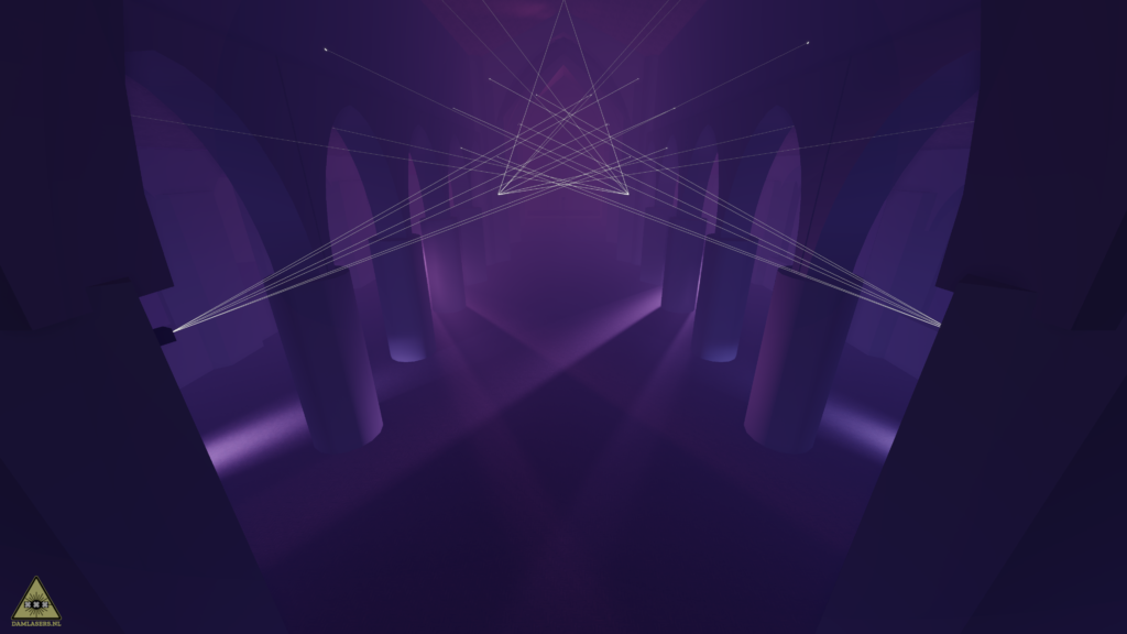 Previsualisation render of a pale multi-level hall with thin laser lines crossing the space
