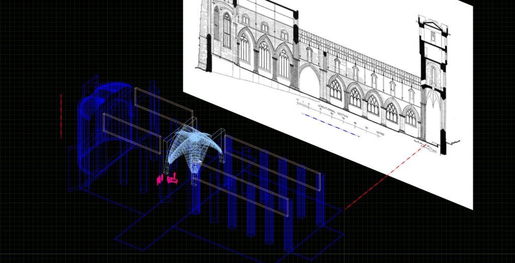 Wireframe design view of a venue in blue, with a white line drawing of a building facade overlaid