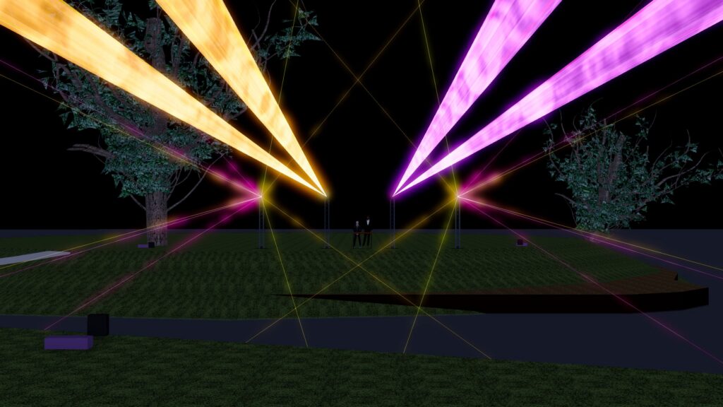 Previsualisation render of an outdoor night show: orange and magenta beam fans over a lawn and trees